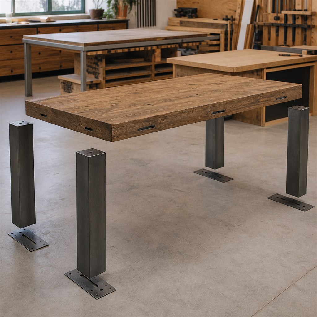 Parsons Dining Table With Flush Steel Corner Frames - workshop dry-assembly view