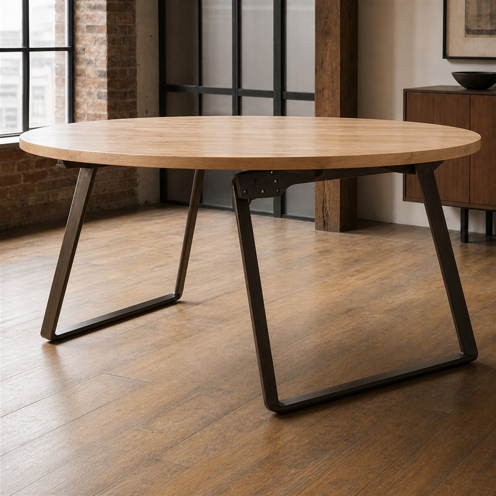 Narrow Dining Table With Angled Steel Sled Legs - steel-frame detail