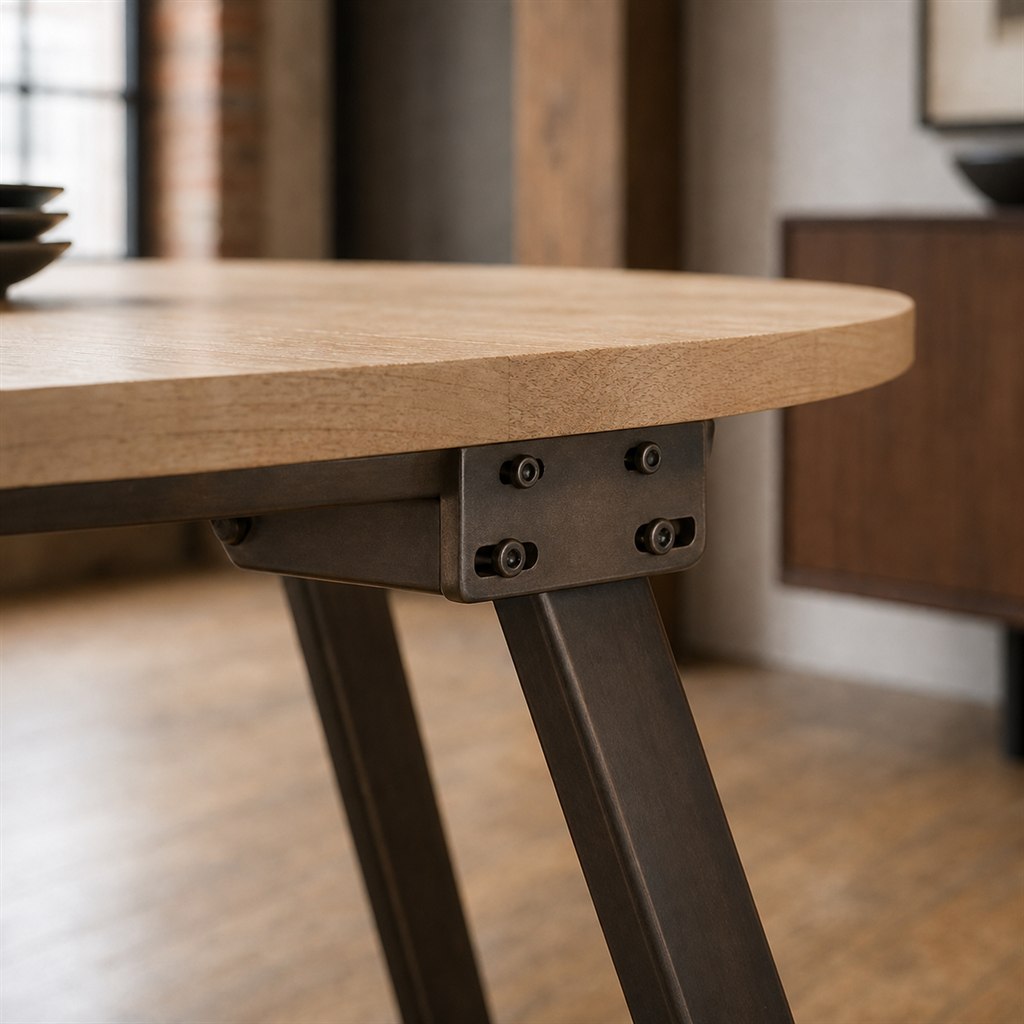 Narrow Dining Table With Angled Steel Sled Legs - wood-to-steel interface detail