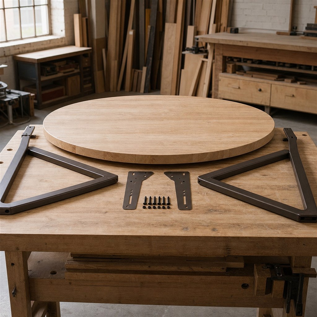 Narrow Dining Table With Angled Steel Sled Legs - workshop dry-assembly view