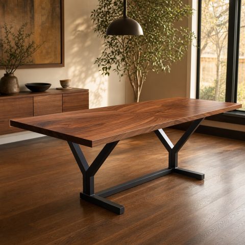 Bookmatched Walnut Table With a Wishbone Steel Base