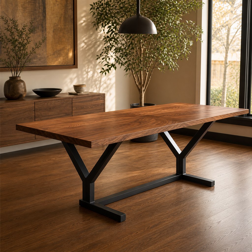 Bookmatched Walnut Table With a Wishbone Steel Base - alternate full view
