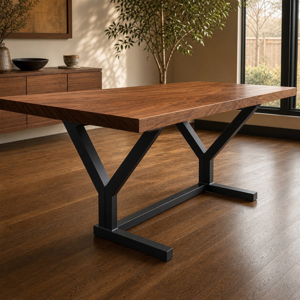 Bookmatched Walnut Table With a Wishbone Steel Base - steel-frame detail