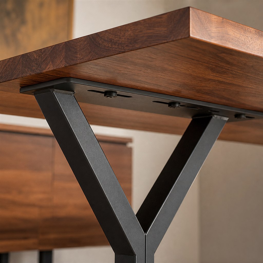 Bookmatched Walnut Table With a Wishbone Steel Base - wood-to-steel interface detail
