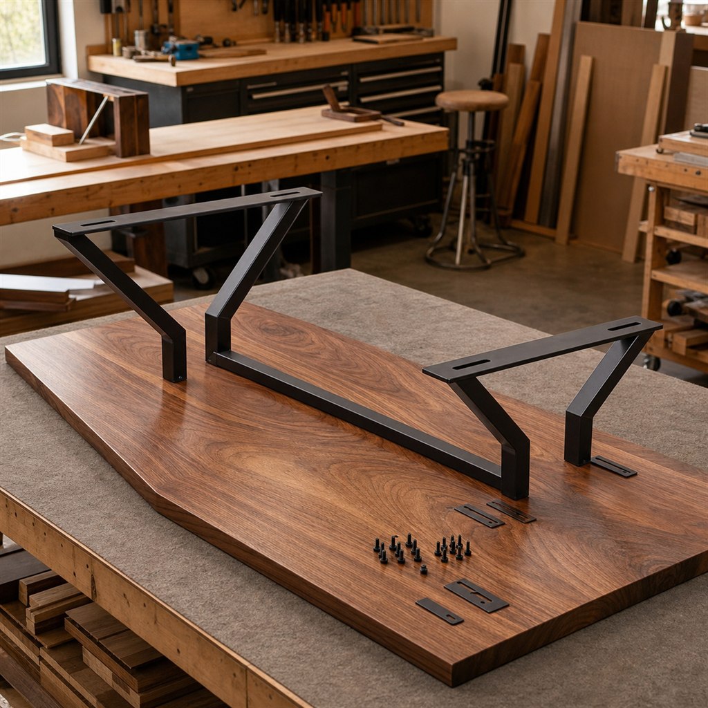 Bookmatched Walnut Table With a Wishbone Steel Base - workshop dry-assembly view