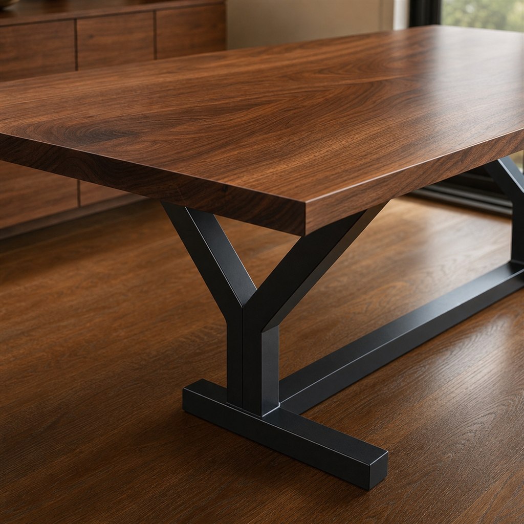 Bookmatched Walnut Table With a Wishbone Steel Base - finished material detail