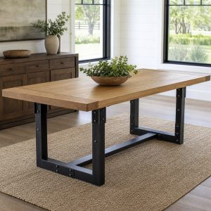 Breadboard-End Oak Table With a Riveted Steel Trestle