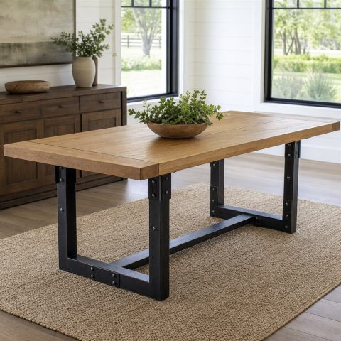 Breadboard-End Oak Table With a Riveted Steel Trestle