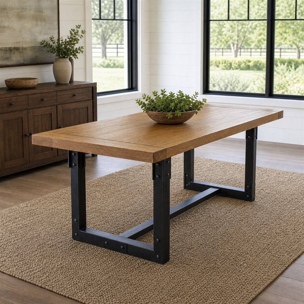 Breadboard-End Oak Table With a Riveted Steel Trestle - alternate full view
