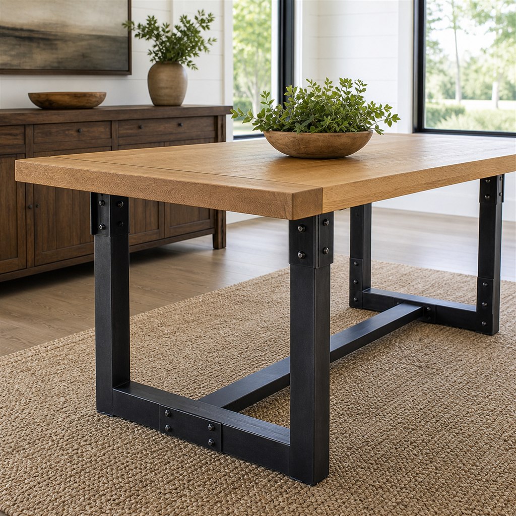 Breadboard-End Oak Table With a Riveted Steel Trestle - steel-frame detail