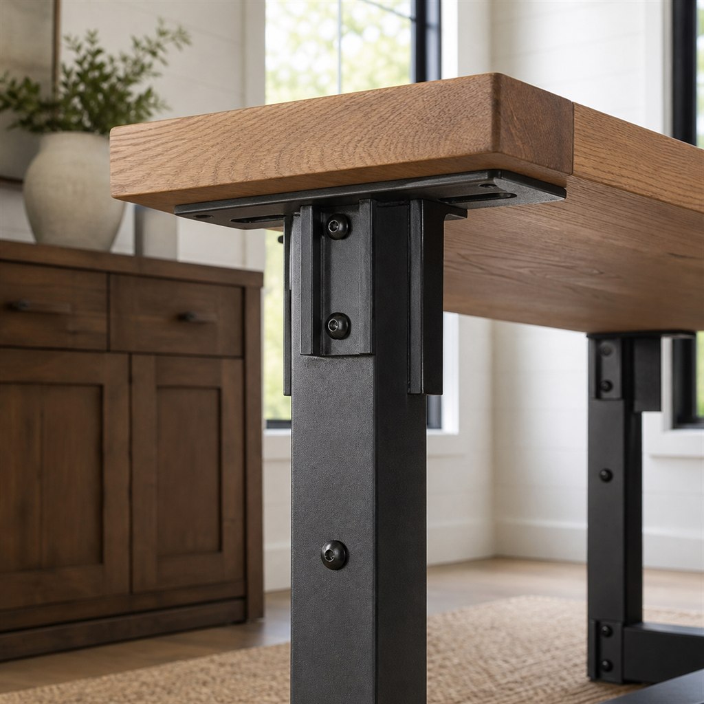 Breadboard-End Oak Table With a Riveted Steel Trestle - wood-to-steel interface detail