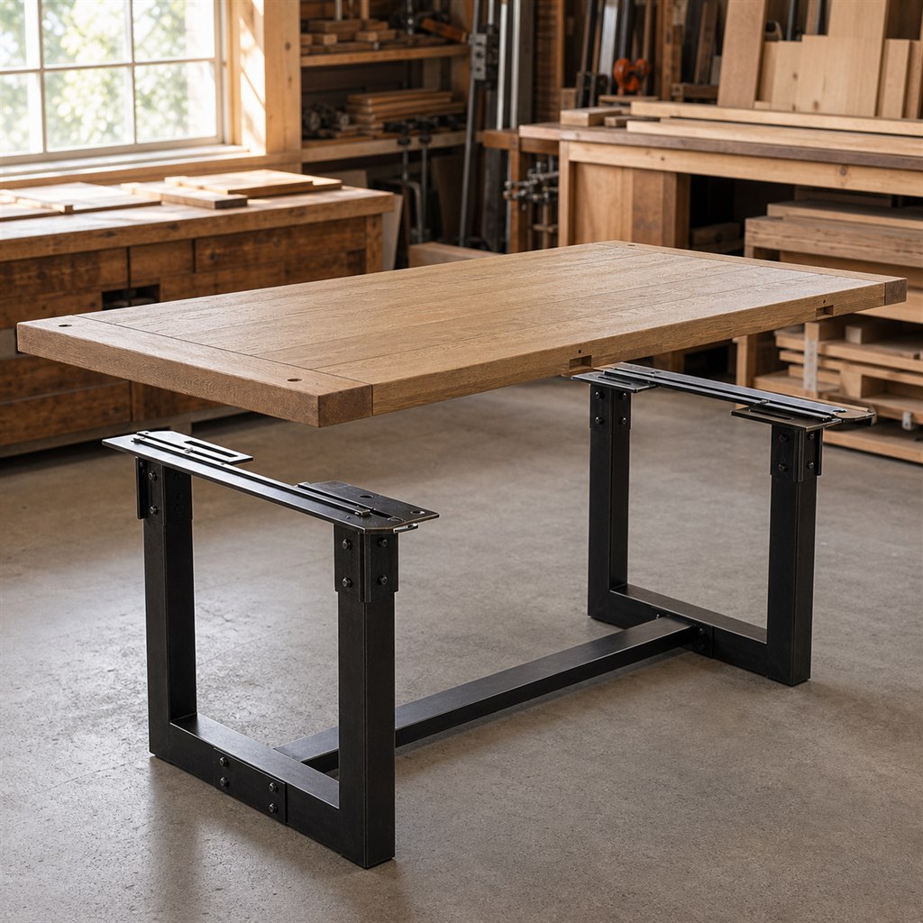 Breadboard-End Oak Table With a Riveted Steel Trestle - workshop dry-assembly view