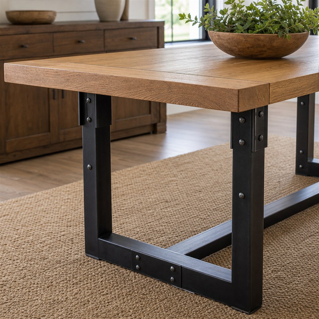 Breadboard-End Oak Table With a Riveted Steel Trestle - finished material detail