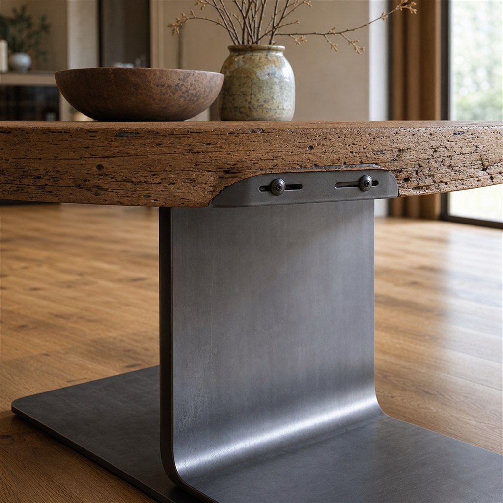 Cantilever Dining Table With a Hidden Steel Spine - wood-to-steel interface detail
