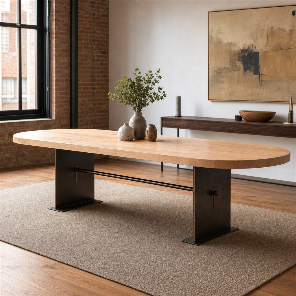 Racetrack Maple Table With a Folded-Plate Pedestal - alternate full view