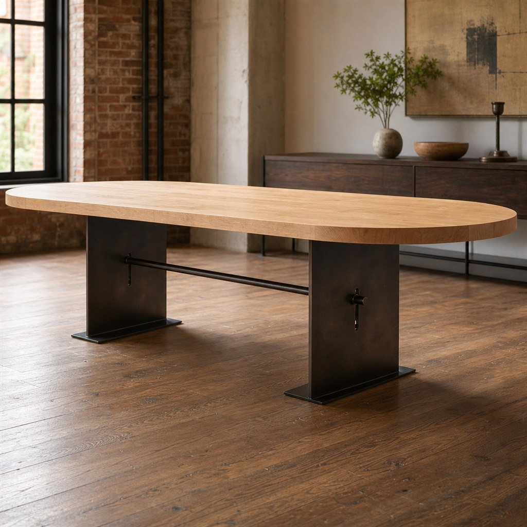 Racetrack Maple Table With a Folded-Plate Pedestal - steel-frame detail