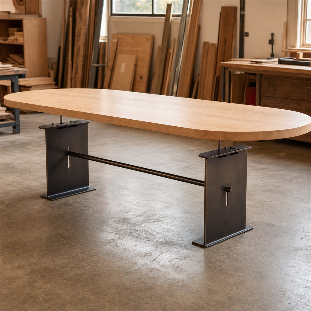 Racetrack Maple Table With a Folded-Plate Pedestal - workshop dry-assembly view