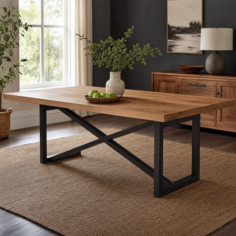 Square Oak Dining Table With a Cross-Braced Steel Base