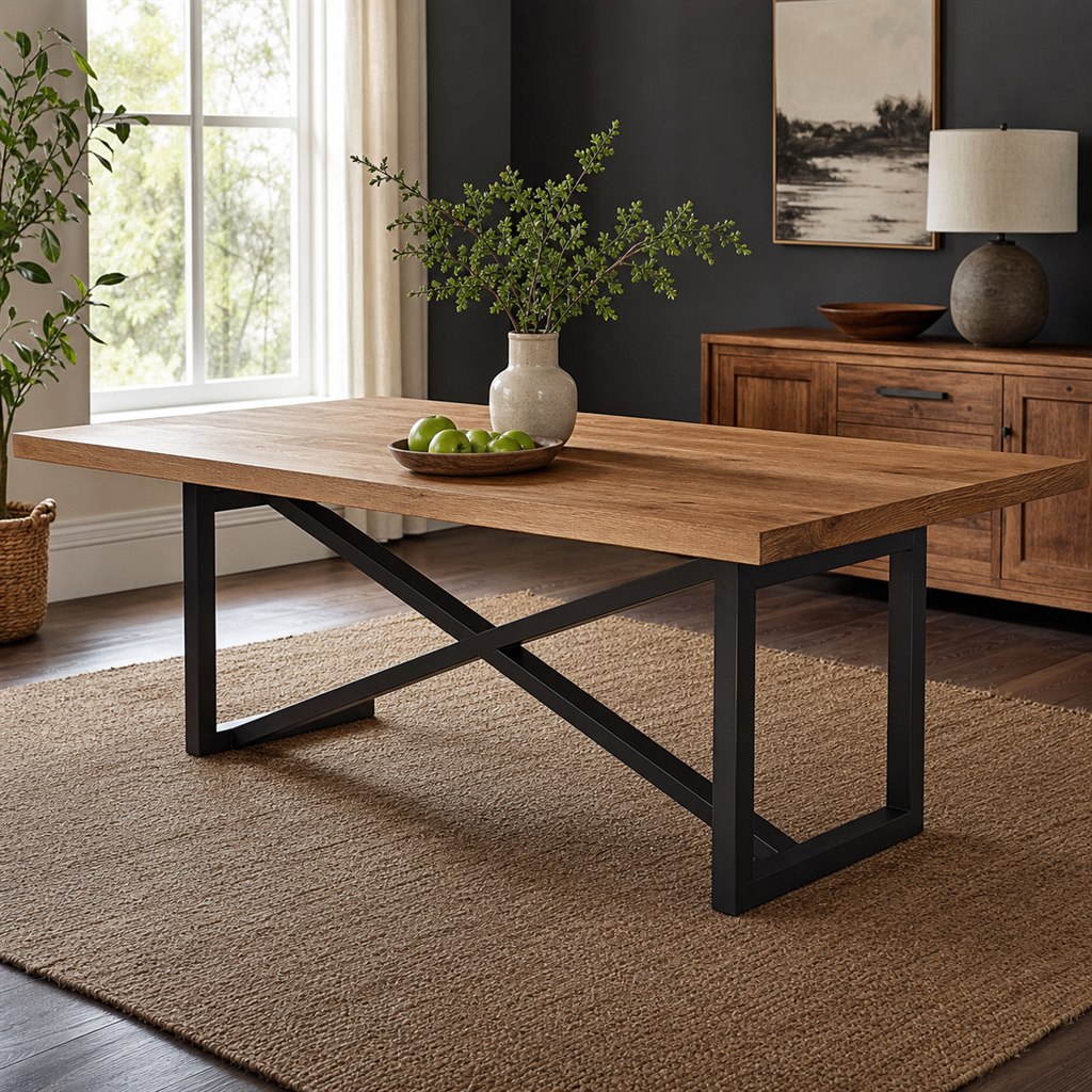 Square Oak Dining Table With a Cross-Braced Steel Base