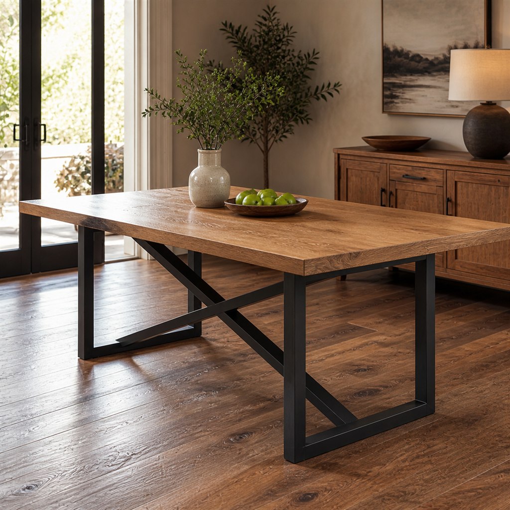 Square Oak Dining Table With a Cross-Braced Steel Base - alternate full view