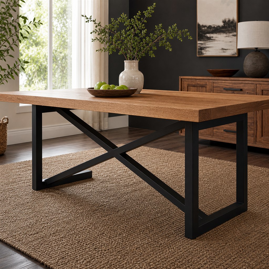Square Oak Dining Table With a Cross-Braced Steel Base - steel-frame detail