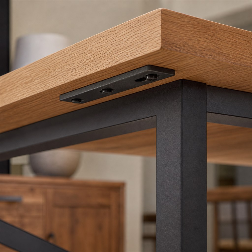 Square Oak Dining Table With a Cross-Braced Steel Base - wood-to-steel interface detail