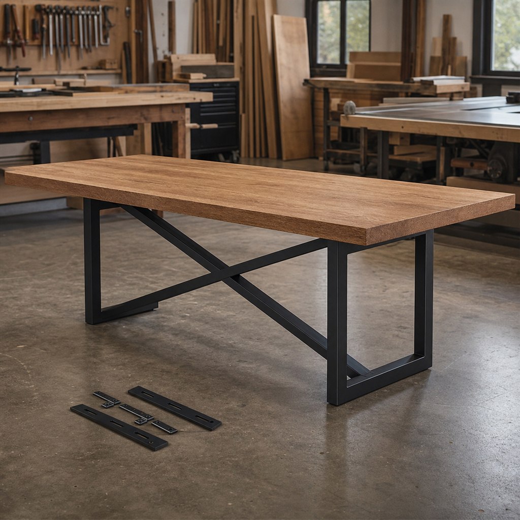 Square Oak Dining Table With a Cross-Braced Steel Base - workshop dry-assembly view