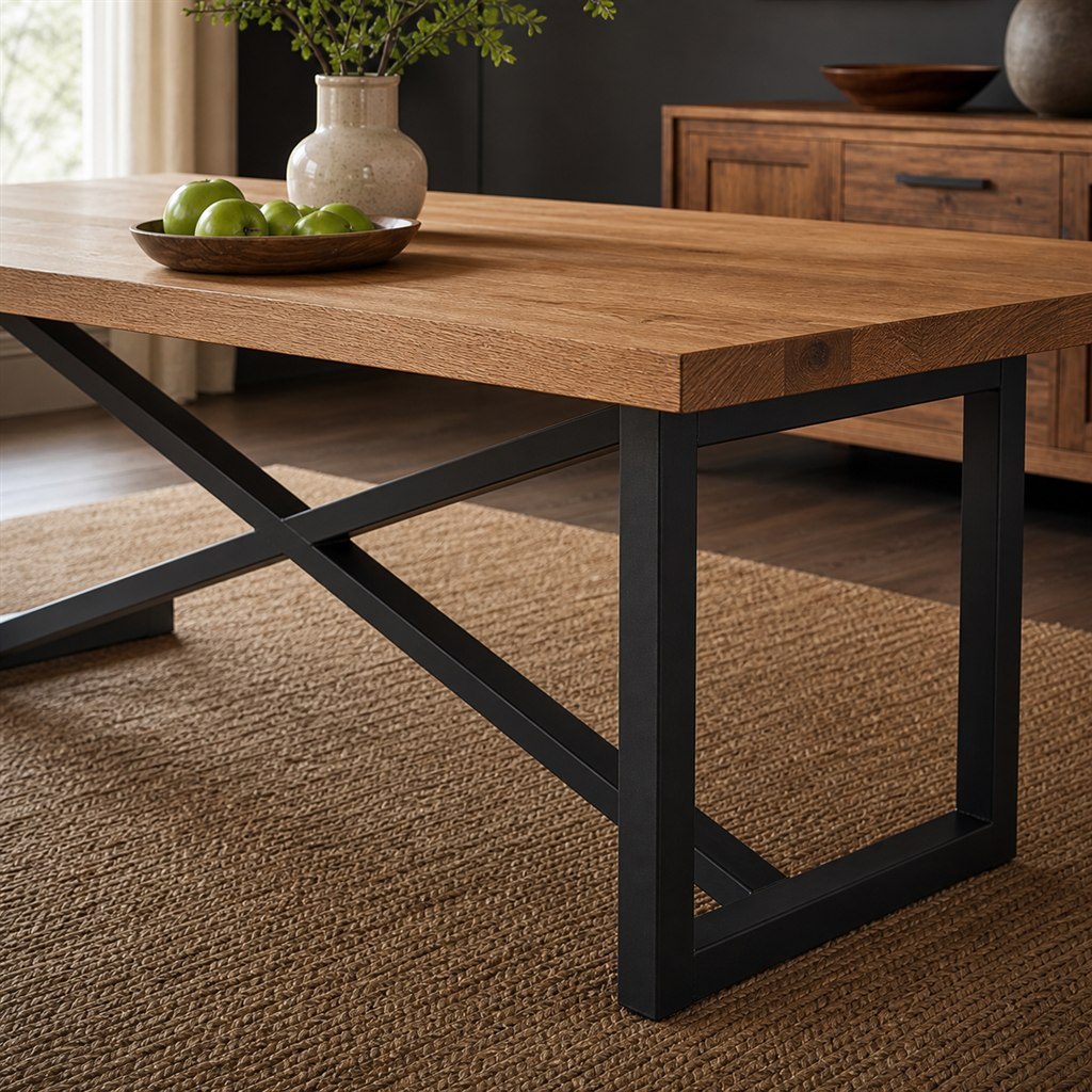 Square Oak Dining Table With a Cross-Braced Steel Base - finished material detail
