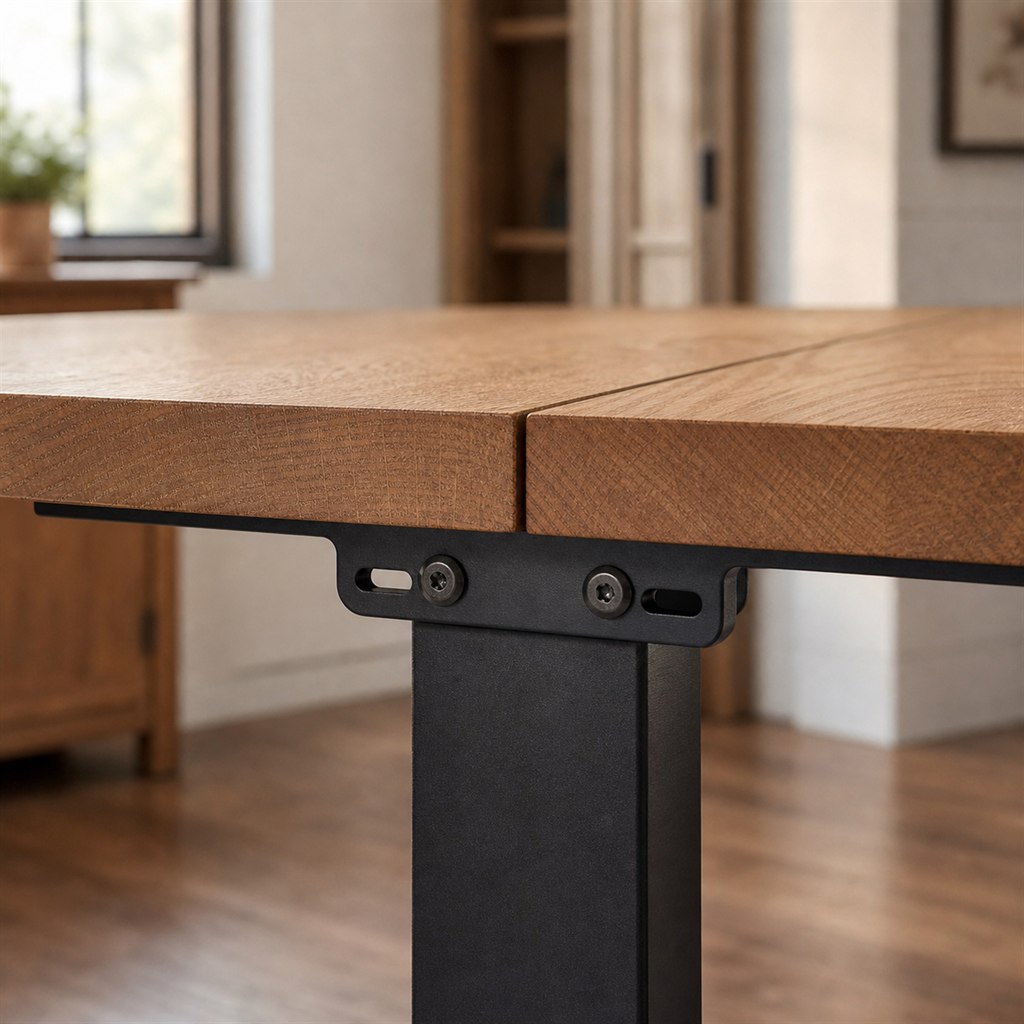 Butterfly-Leaf Dining Table With a Powder-Coated Frame - wood-to-steel interface detail