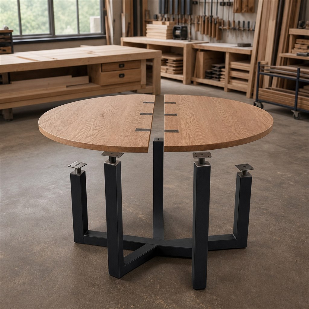 Butterfly-Leaf Dining Table With a Powder-Coated Frame - workshop dry-assembly view
