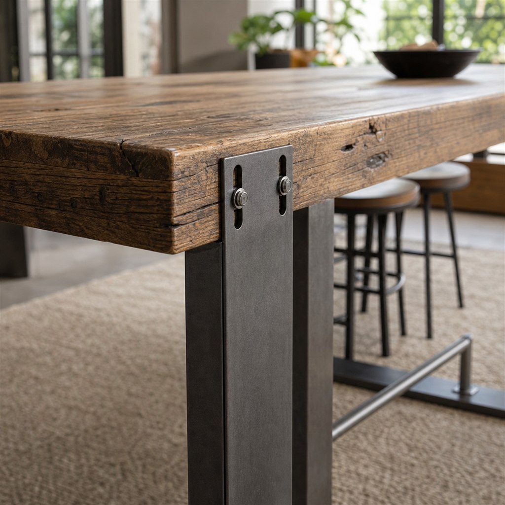 Counter-Height Dining Table With a Steel Foot Rail - wood-to-steel interface detail