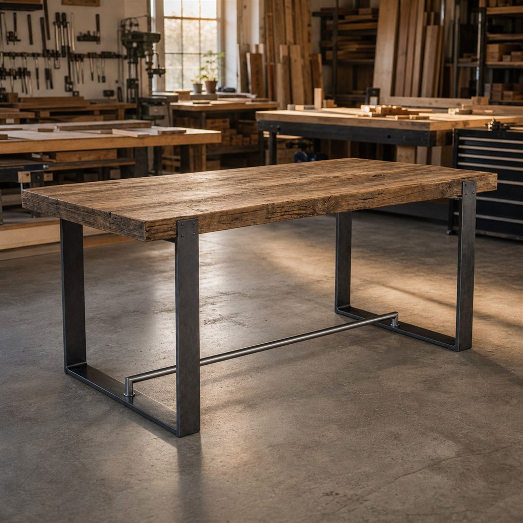 Counter-Height Dining Table With a Steel Foot Rail - workshop dry-assembly view