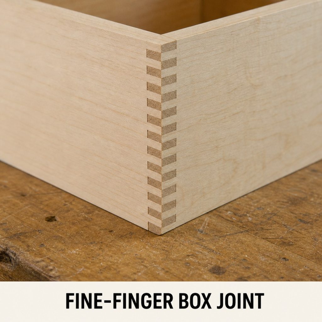 Photorealistic labeled example of Fine-Finger Box Joint showing the woodworking connection.