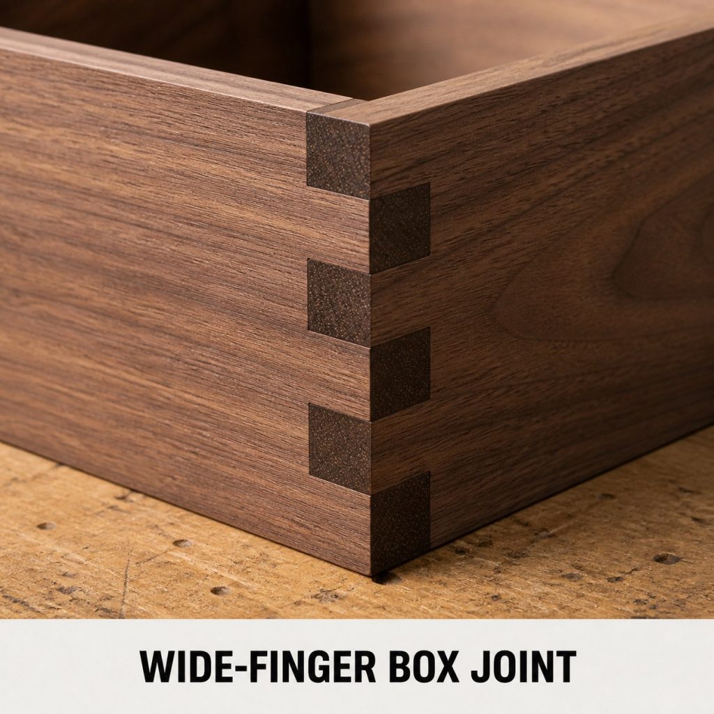 Photorealistic labeled example of Wide-Finger Box Joint showing the woodworking connection.