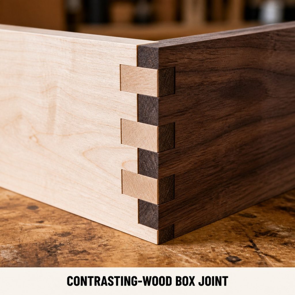 Photorealistic labeled example of Contrasting-Wood Box Joint showing the woodworking connection.
