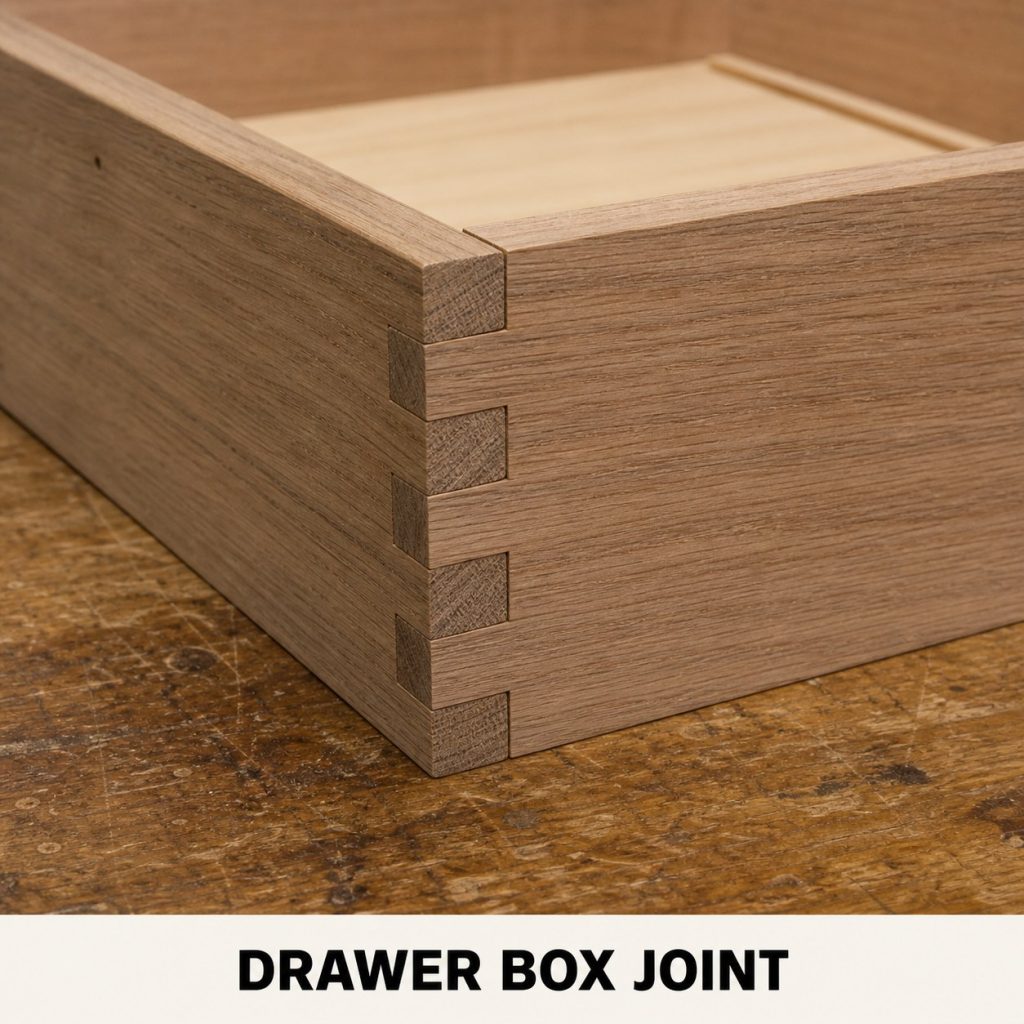 Photorealistic labeled example of Drawer Box Joint showing the woodworking connection.