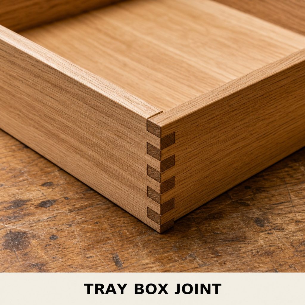 Photorealistic labeled example of Tray Box Joint showing the woodworking connection.
