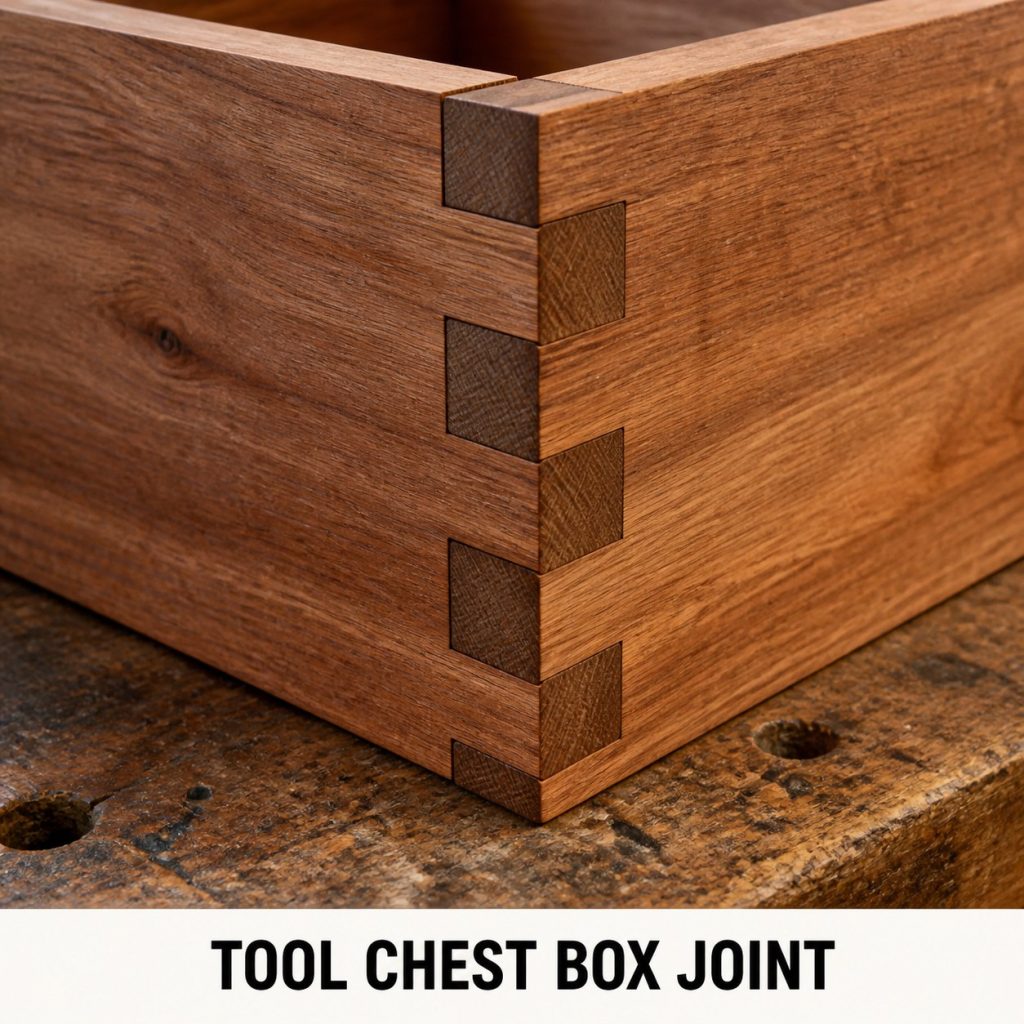 Photorealistic labeled example of Tool Chest Box Joint showing the woodworking connection.