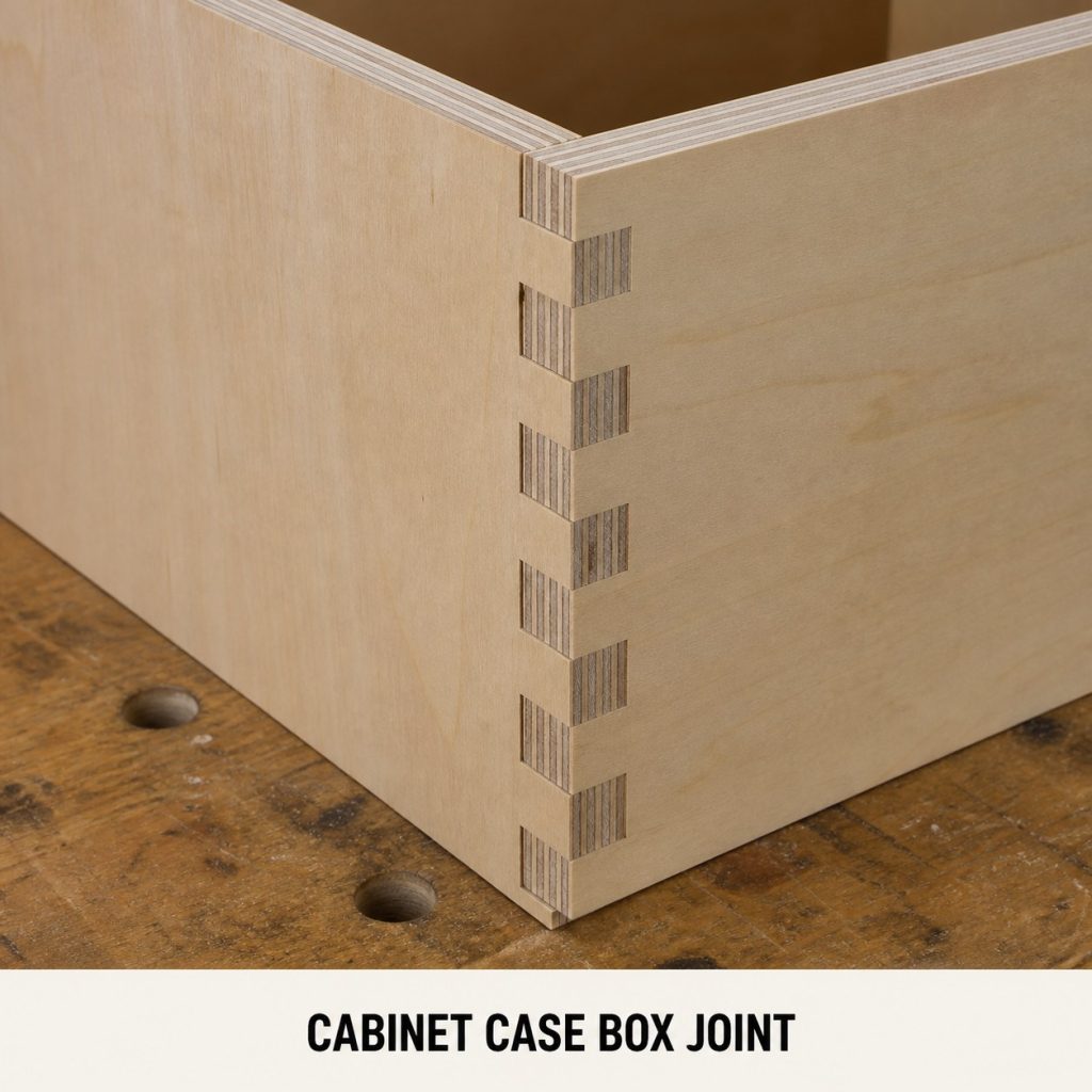 Photorealistic labeled example of Cabinet Case Box Joint showing the woodworking connection.