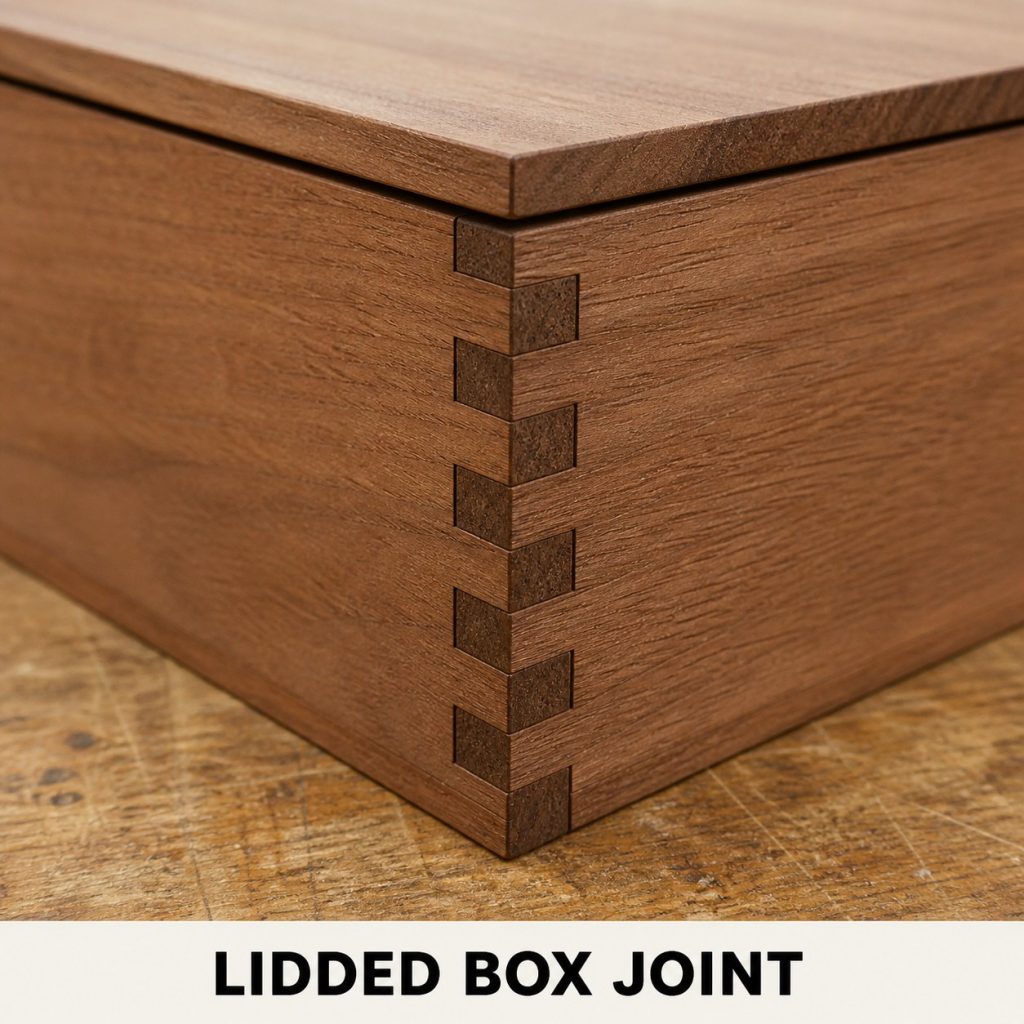 Photorealistic labeled example of Lidded Box Joint showing the woodworking connection.