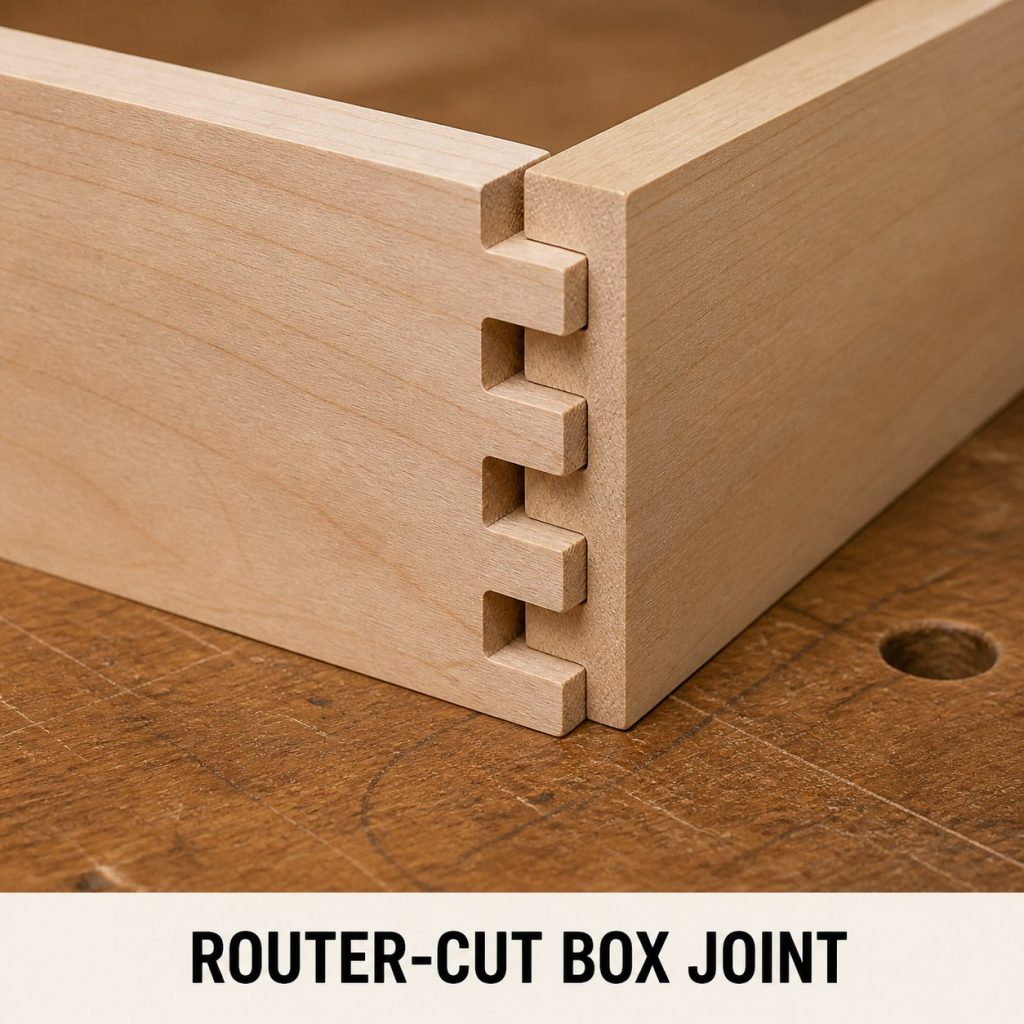 Photorealistic labeled example of Router-Cut Box Joint showing the woodworking connection.