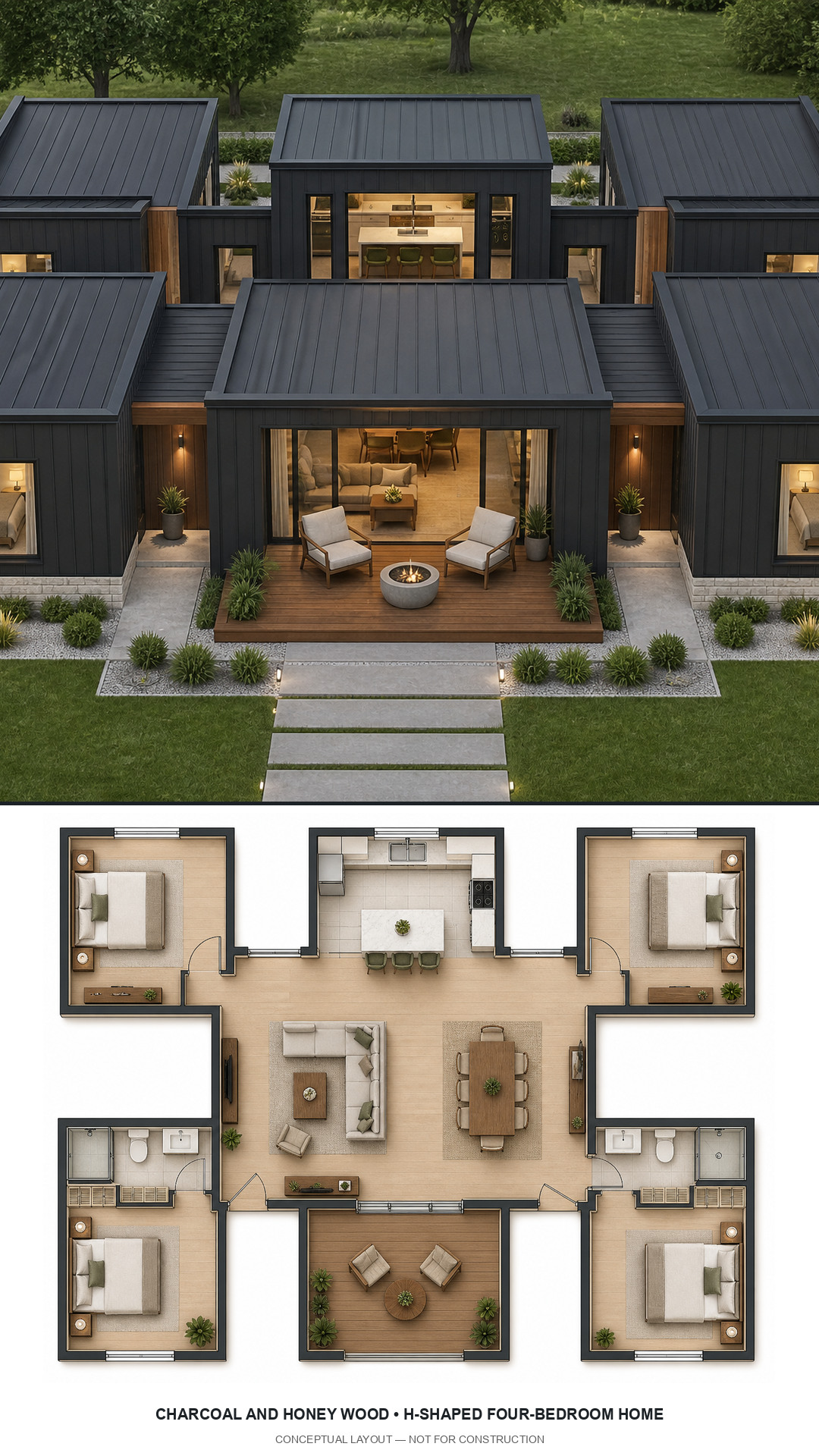 Charcoal and Honey Wood H-Shaped Four-Bedroom Home exterior and furnished conceptual floor plan