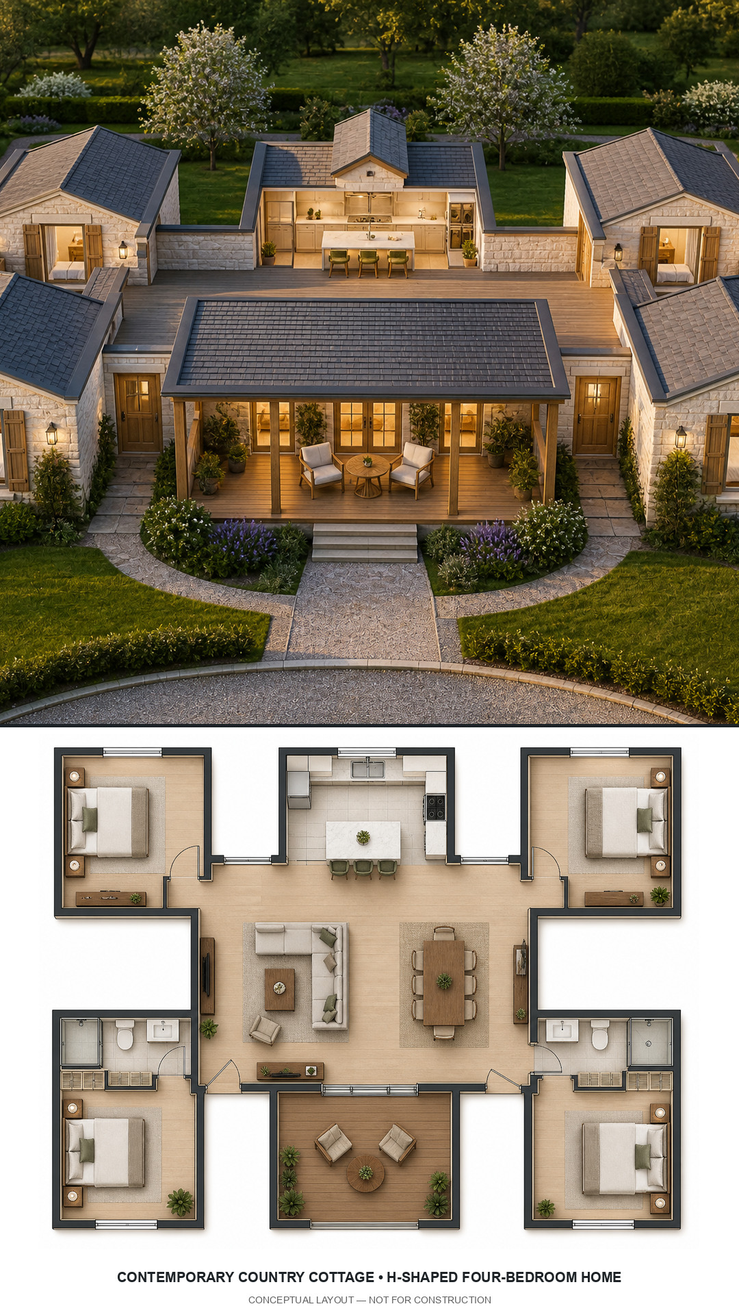Contemporary Country Cottage H-Shaped Four-Bedroom Home exterior and furnished conceptual floor plan