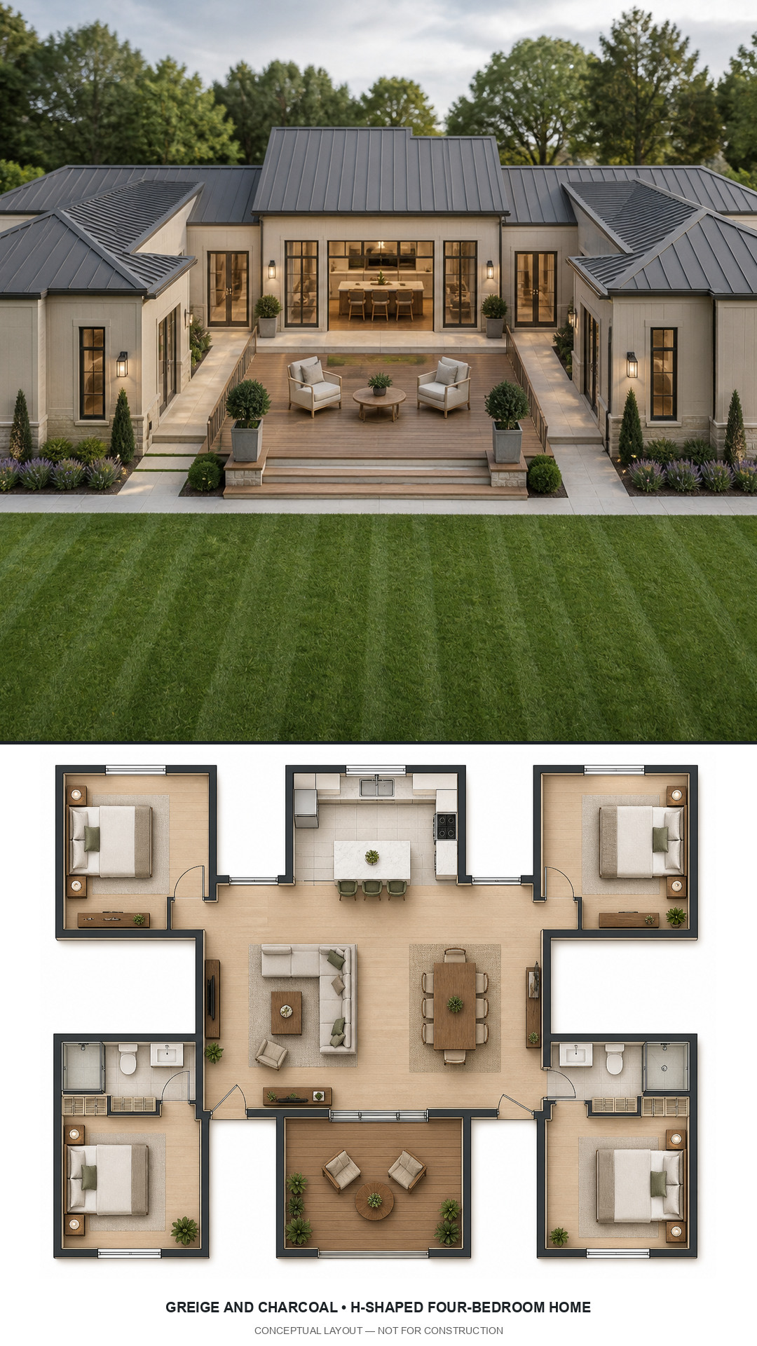 Greige and Charcoal H-Shaped Four-Bedroom Home exterior and furnished conceptual floor plan
