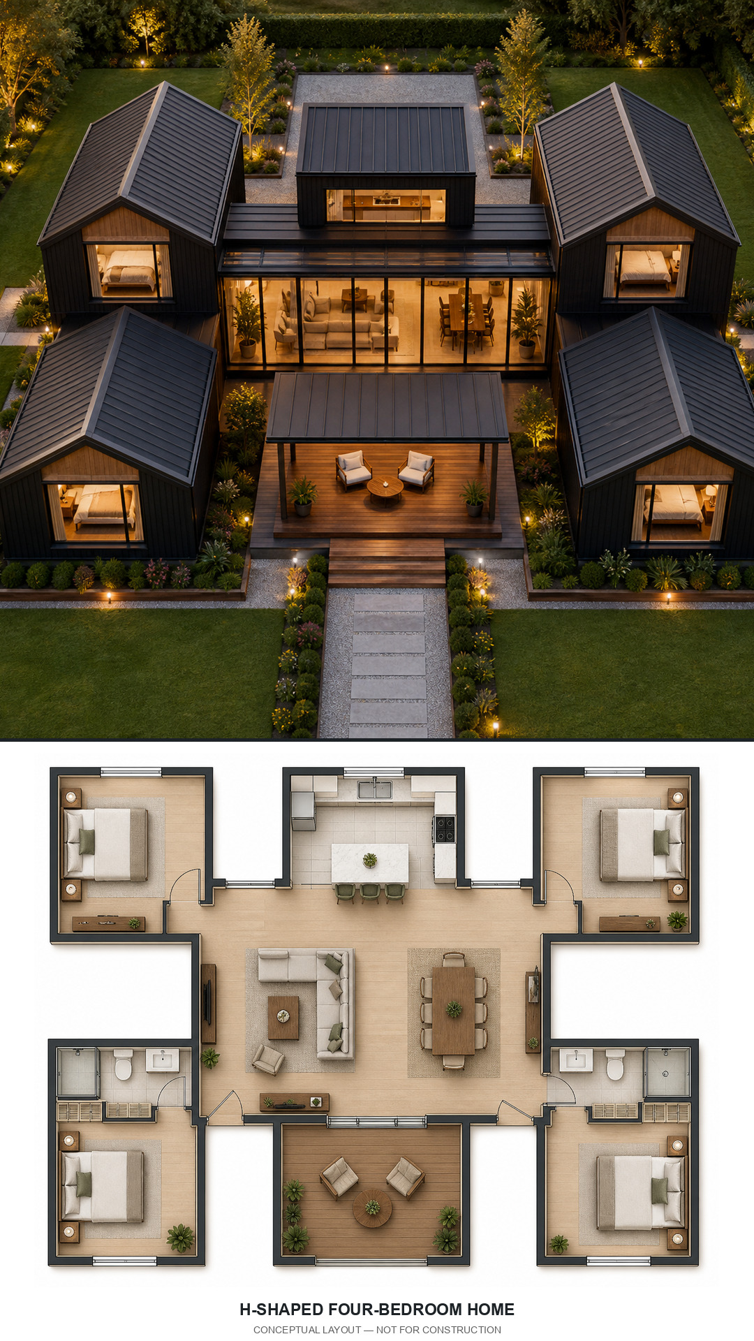 H-Shaped Four-Bedroom Family Home exterior and conceptual floor plan