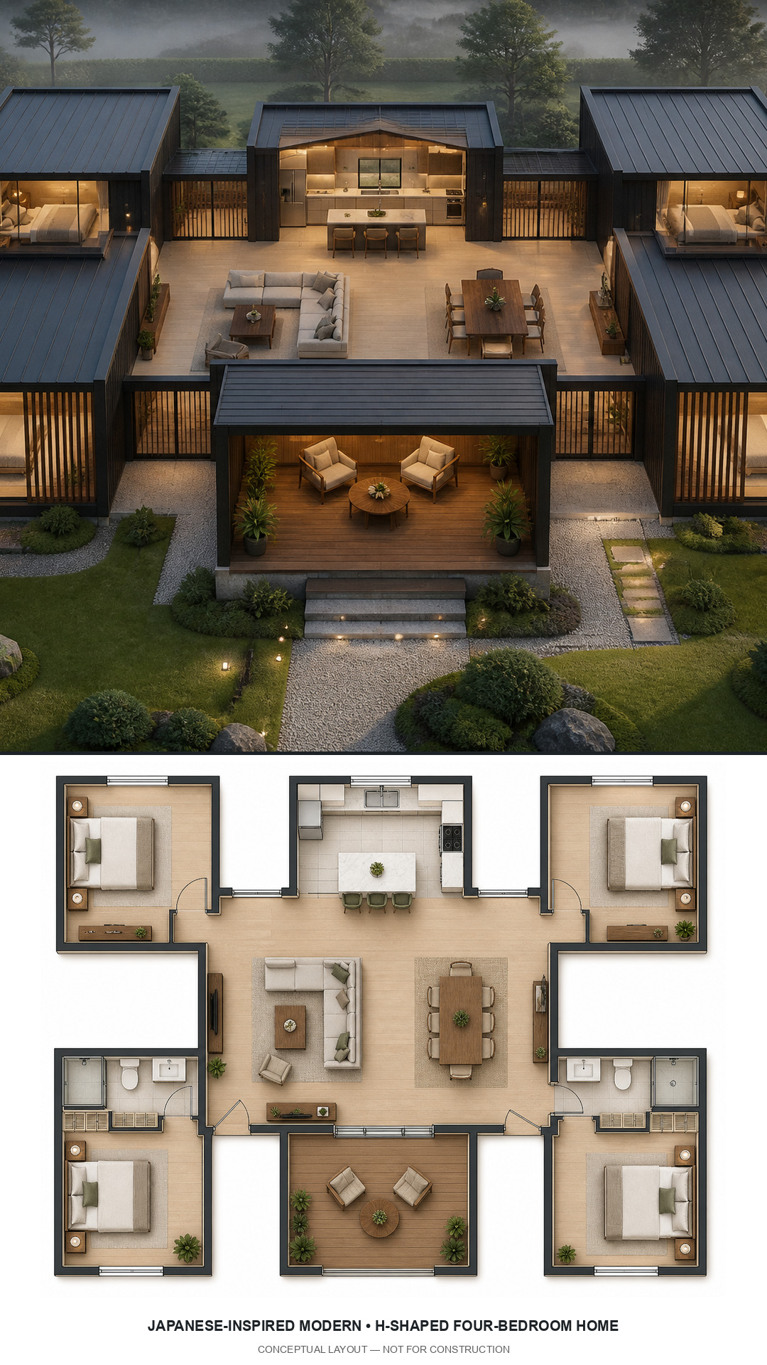 Japanese-Inspired Modern H-Shaped Four-Bedroom Home exterior and furnished conceptual floor plan