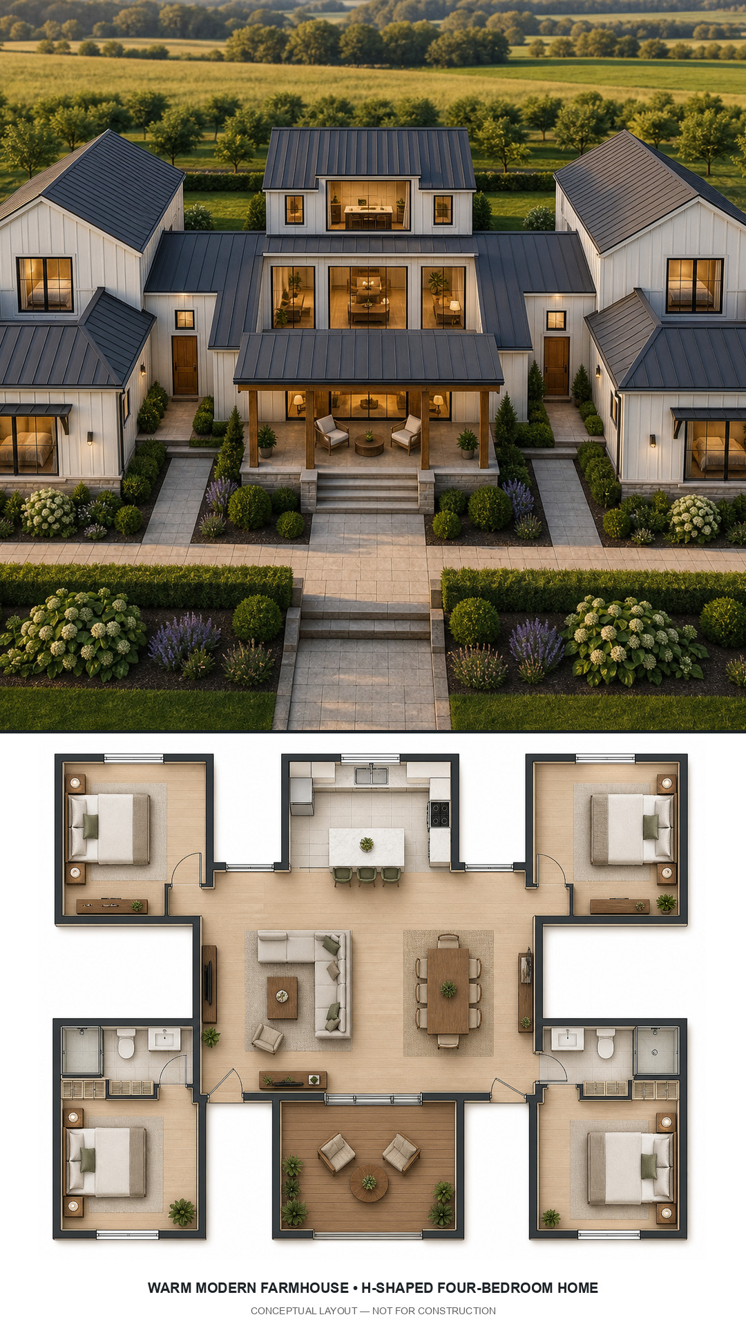 Warm Modern Farmhouse H-Shaped Four-Bedroom Home exterior and furnished conceptual floor plan