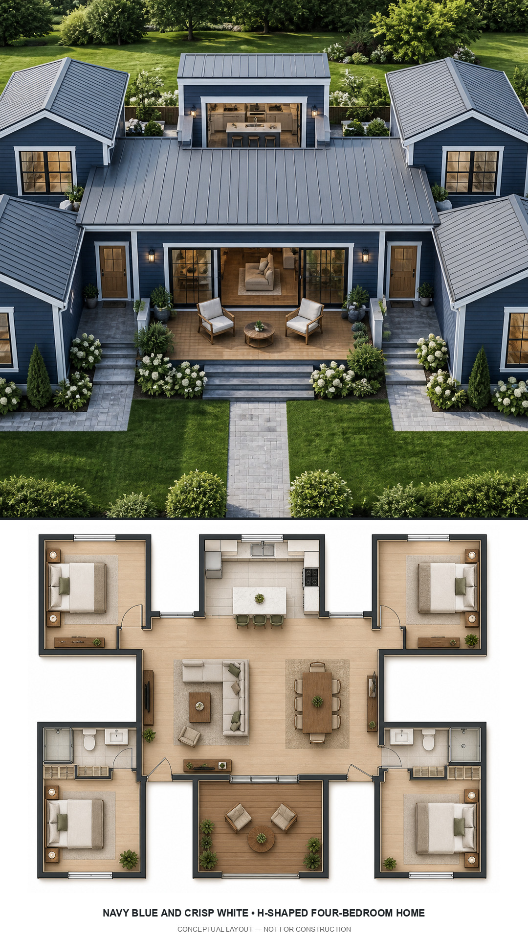 Navy Blue and Crisp White H-Shaped Four-Bedroom Home exterior and furnished conceptual floor plan