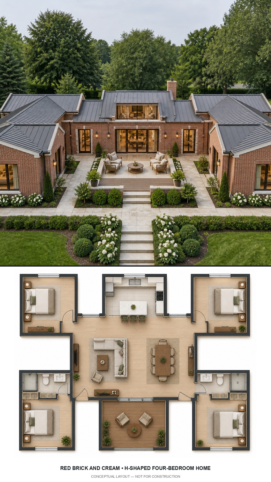 Red Brick and Cream H-Shaped Four-Bedroom Home exterior and furnished conceptual floor plan