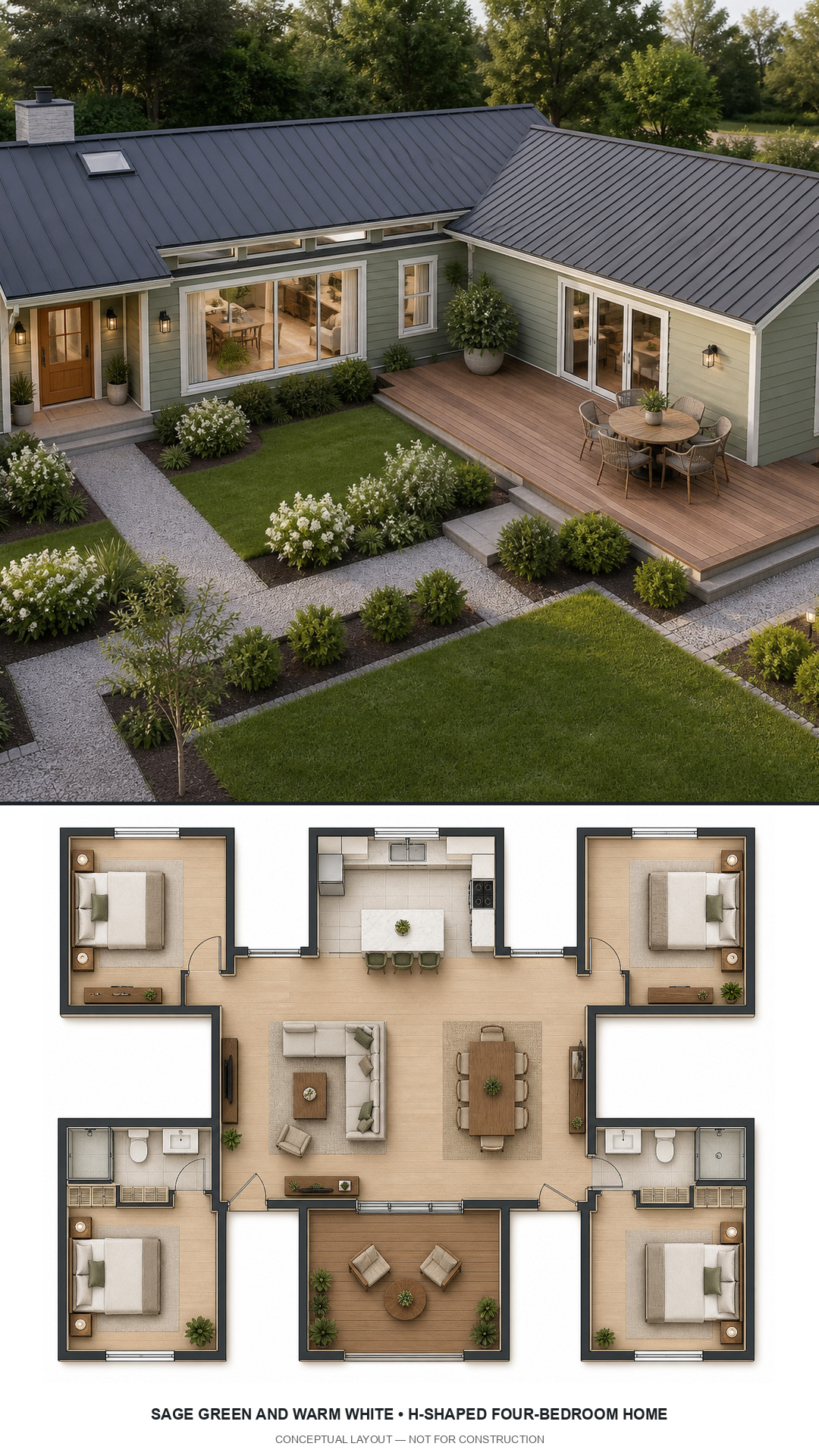 Sage Green and Warm White H-Shaped Four-Bedroom Home exterior and furnished conceptual floor plan